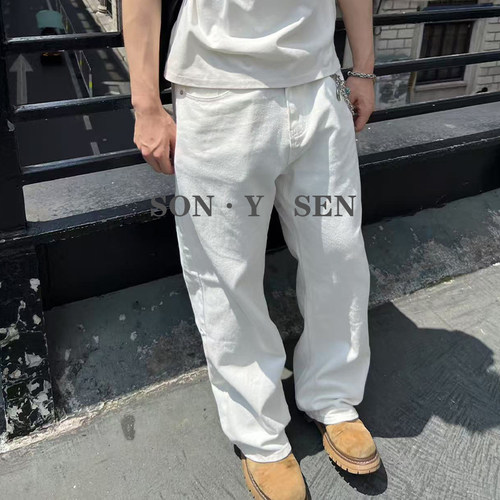 美式白色牛仔裤男女新款宽松cleanfit阔腿休闲裤百搭直筒拖地长裤