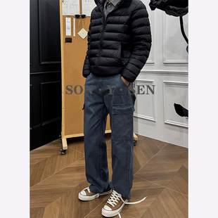美式复古Vintage宽松直筒工装休闲裤男款春秋季法工蓝男女长裤子