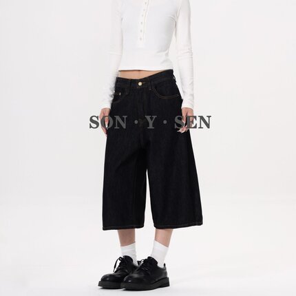 美式复古夏季新款原牛色牛仔七分裤不掉色男女街头宽松阔腿短裤潮