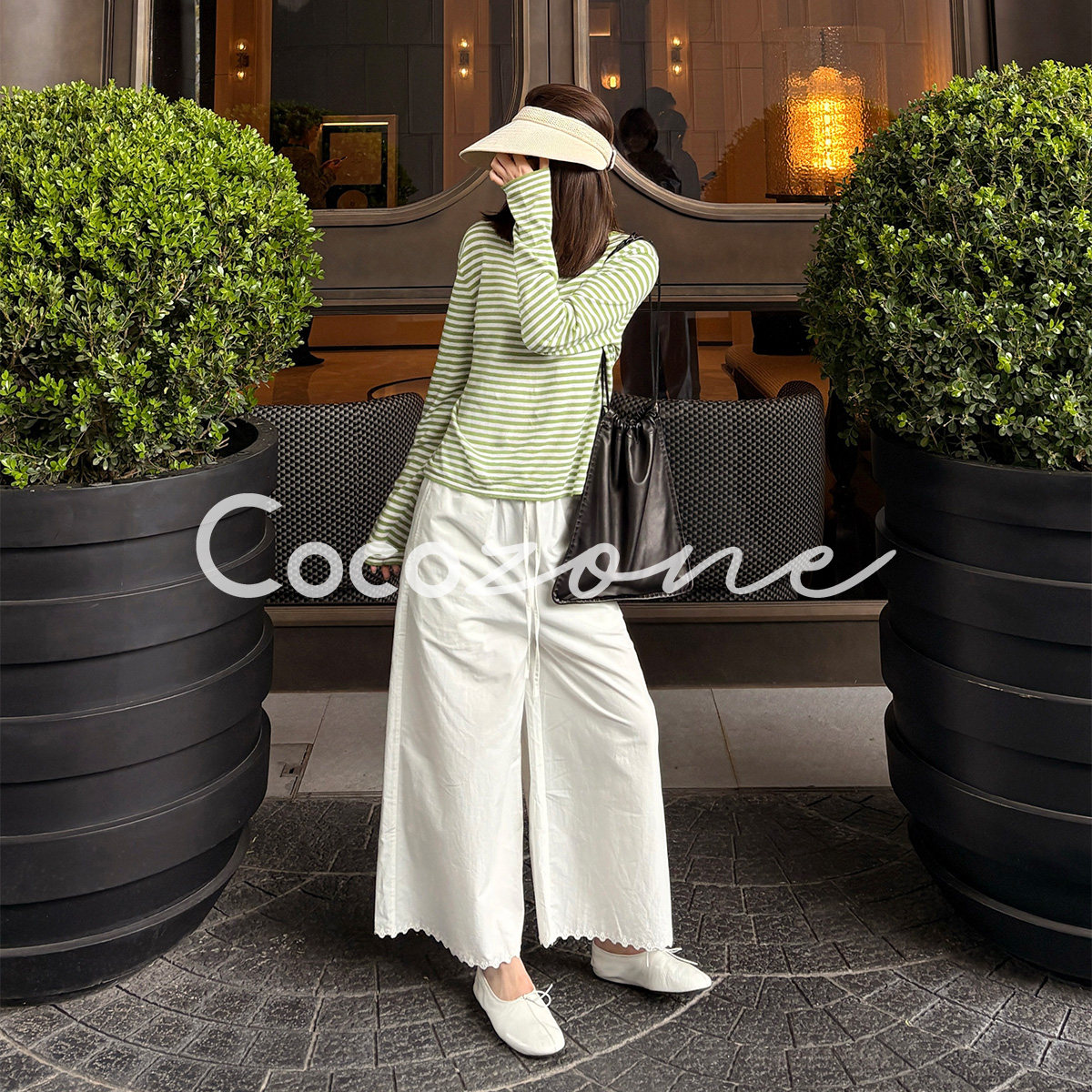 COCO ZONE 刘一一 26夏季新款白松紧腰系带花边七分直筒休闲裤女