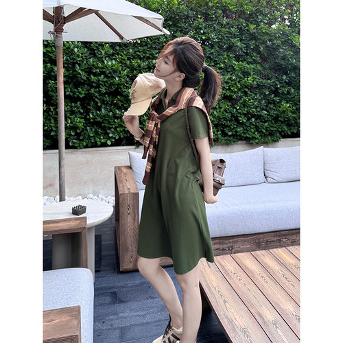 COCO ZONE刘一一橄榄绿裙100新疆棉翻领纯色POLO连衣裙子女夏新款