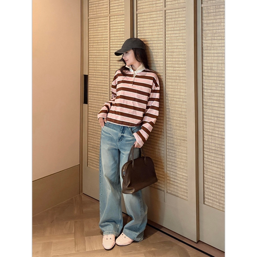 COCO ZONE 刘一一“心动条纹”100棉26早秋翻领撞色宽松长袖T恤女