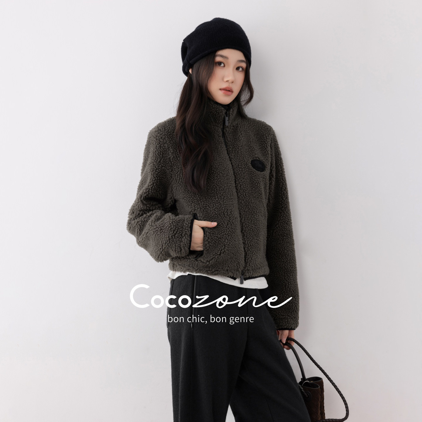 COCO ZONE 刘一一“暖冬”绵羊毛混纺层次感拉链立领宽松女士外套
