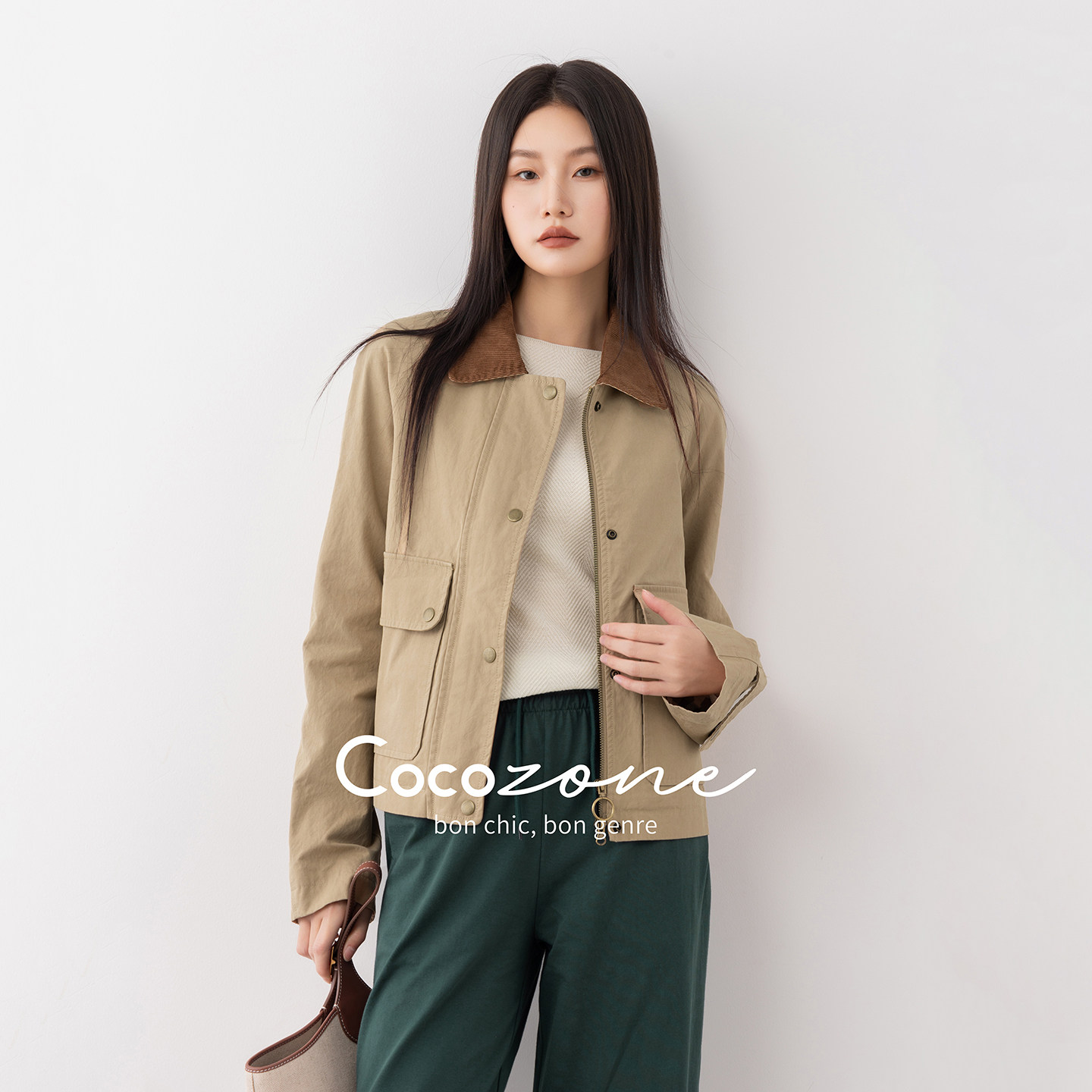 COCO ZONE 刘一一柏利外套100纯棉翻领秋季短款休闲小个子风衣女 - 实物图