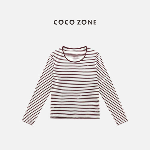COCO ZONE 刘一一西西雅春秋季条纹圆领长袖撞色休闲上衣CC1B1479