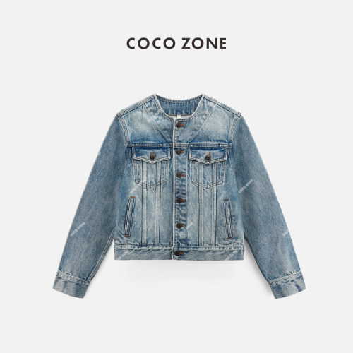 COCO ZONE100棉复古做旧牛仔外套百搭短款排扣长袖上衣24C10370