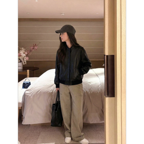 COCO ZONE 刘一一 新西兰100绵羊皮26早春小立领黑色皮衣外套女