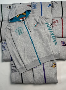 美国NFL男士连帽拉链加绒外套 万针刺绣+毛巾绣队标LOGO 大码卫衣