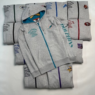 美国NFL男士连帽拉链加绒外套 万针刺绣+毛巾绣队标LOGO 大码卫衣