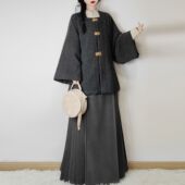 春秋外套日常百搭新中式 马面裙套装 弓袋袖 明制汉服女改良对襟开衫