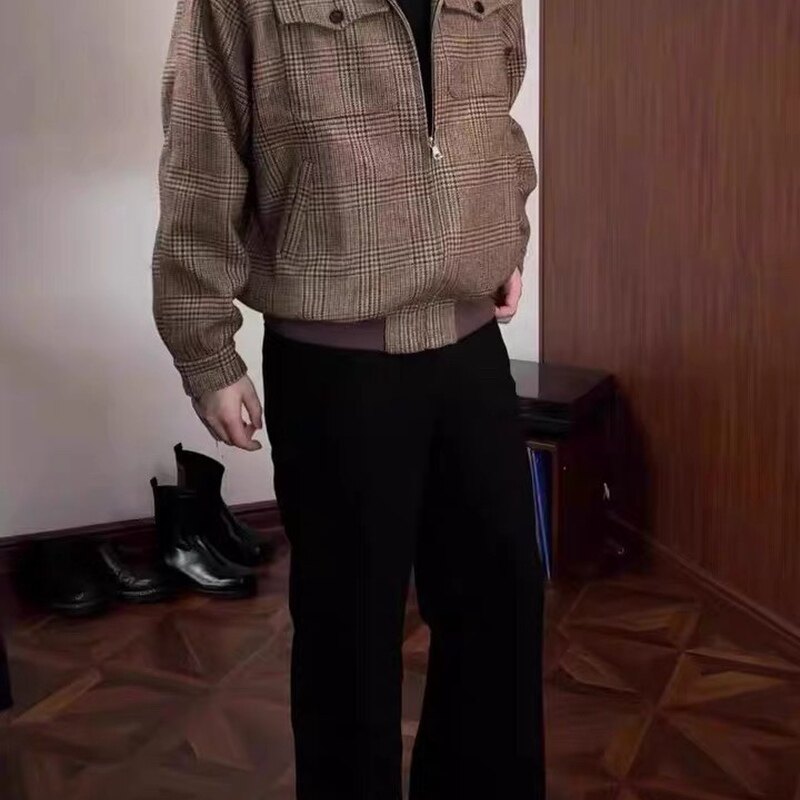 千鸟格哈灵顿羊毛夹克外套短宽
