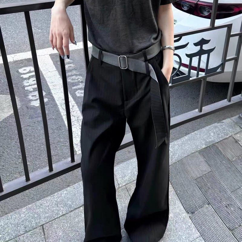 FOBSOM 撞色腰带TR条纹西裤复古通勤垂感全包边内里直筒A字休闲裤