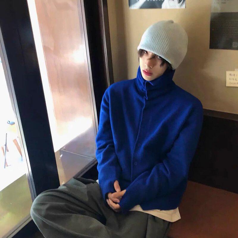 FOBSOM羊毛混纺宝蓝高领毛衣开衫慵懒氛围感秋冬情侣忍者袖针织衫