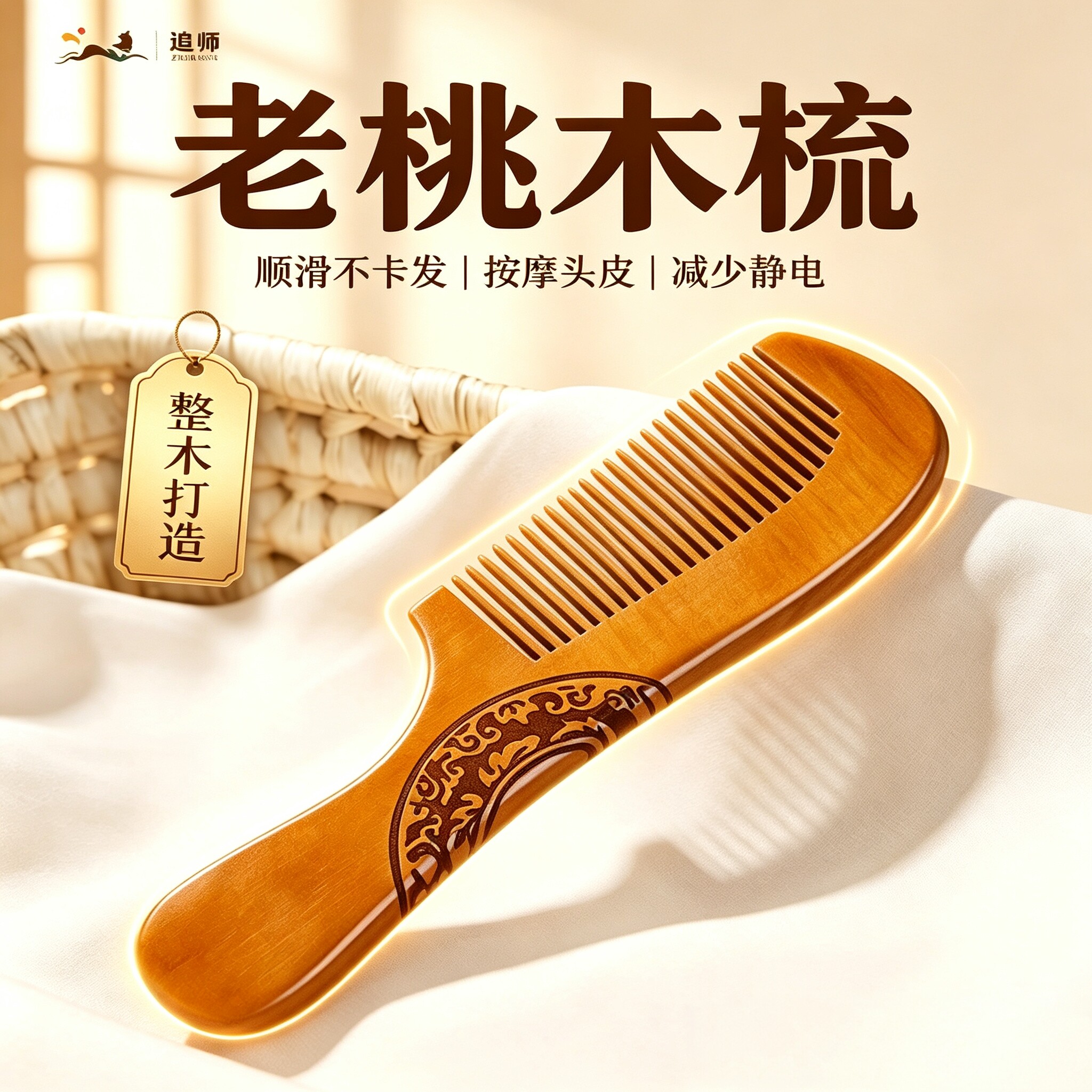 天然老桃木光滑不伤头皮防滑手柄