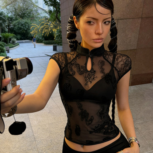 H家欧美女装 新中式水滴状镂空盘扣龙纹透视上衣复古紧身网纱T恤