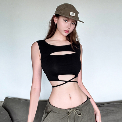 机能酷girl镂空绑带背心