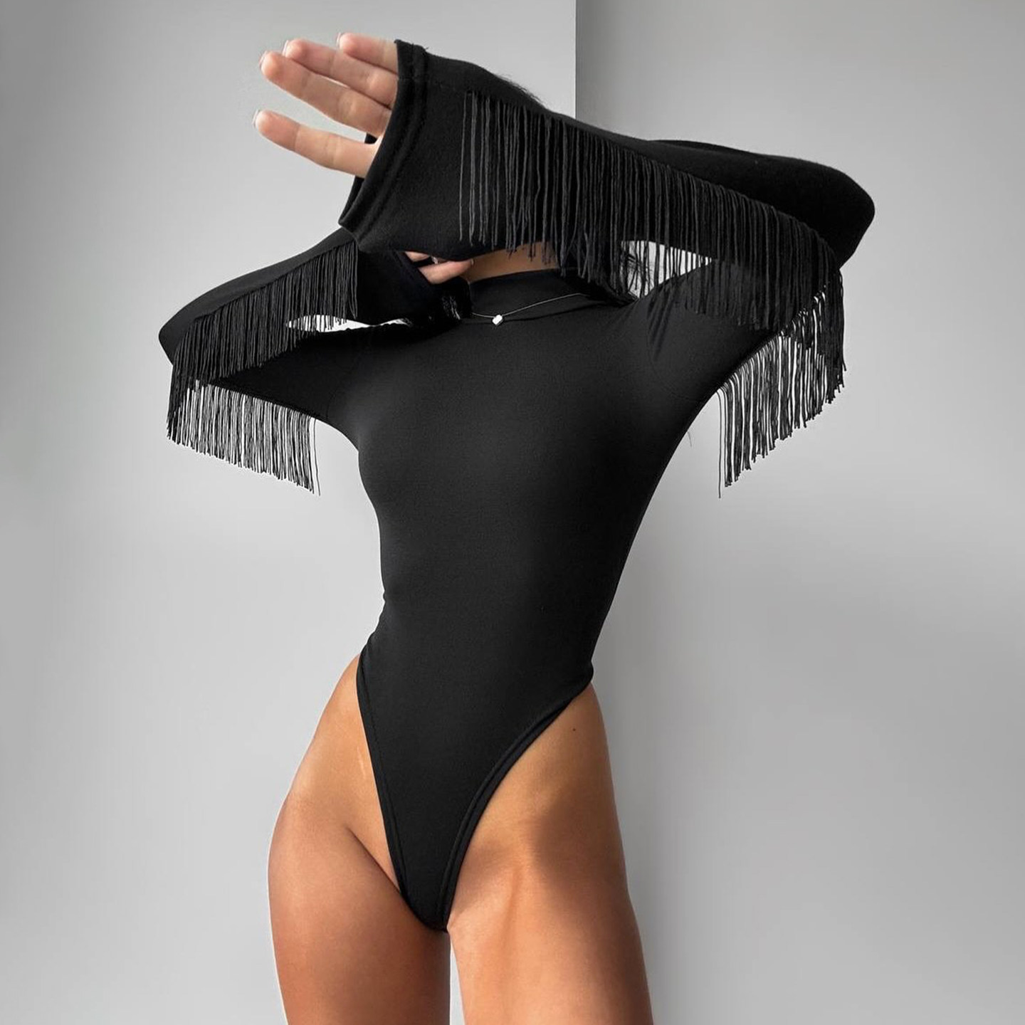 H家欧美女装 禁欲辣妹设计感流苏纯色长袖连体衣纯欲高领打底T恤,女装/女士精品,连体衣/裤,淘宝优惠券,粉丝福利购,淘宝优惠卷