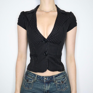 H家欧美女装 衬衣小众气质收腰复古上衣 office海妖风条纹低领西装