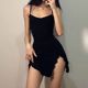 H家欧美女装 美式 辣妹不规则开叉黑色吊带裙禁欲褶皱收腰包臀短裙