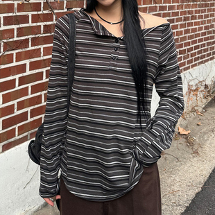 H家欧美女装 T恤休闲宽松跳舞上衣 chill复古撞色条纹排扣斜领长袖