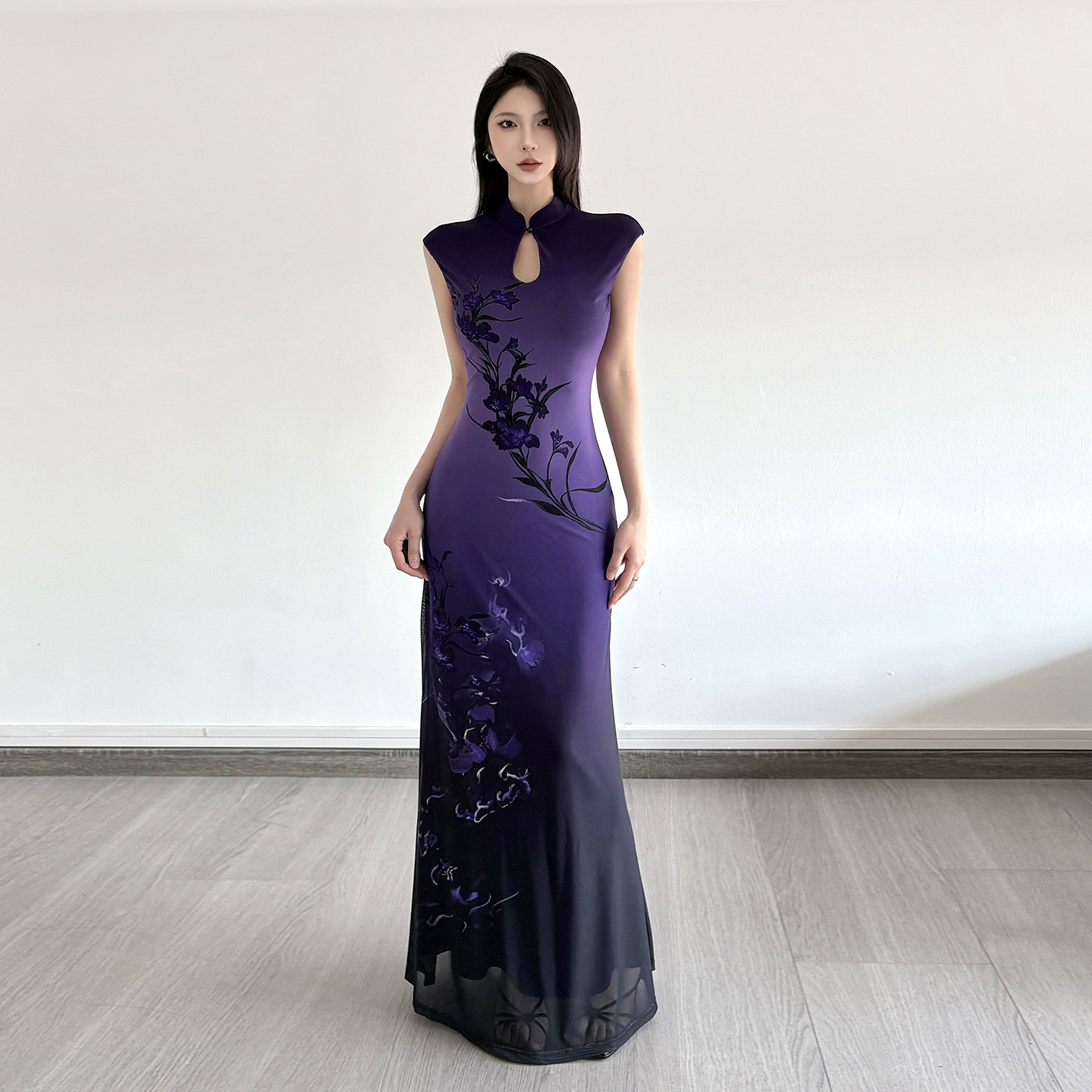 H家欧美女装 江南烟雨渐变花卉印花立领连衣裙新中式紫色修身长裙