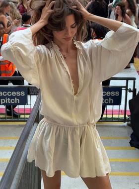 H家欧美女装 法式优雅低胸系带梭织连衣裙女轻薄慵懒长袖衬衫裙秋