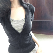 开衫 H家欧美女装 简约休闲口袋拉链螺纹短袖 瑜伽健身紧身运动上衣