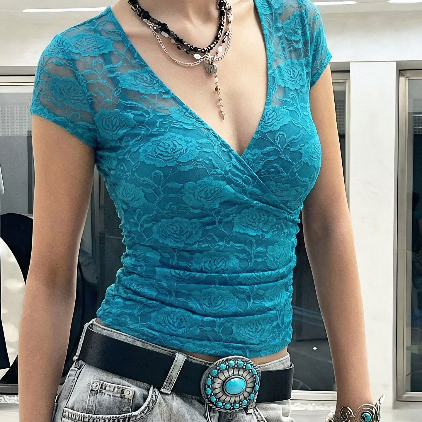 H家欧美女装 碧澜映花蓝色蕾丝提花透视V领短袖 性感法式收腰上衣