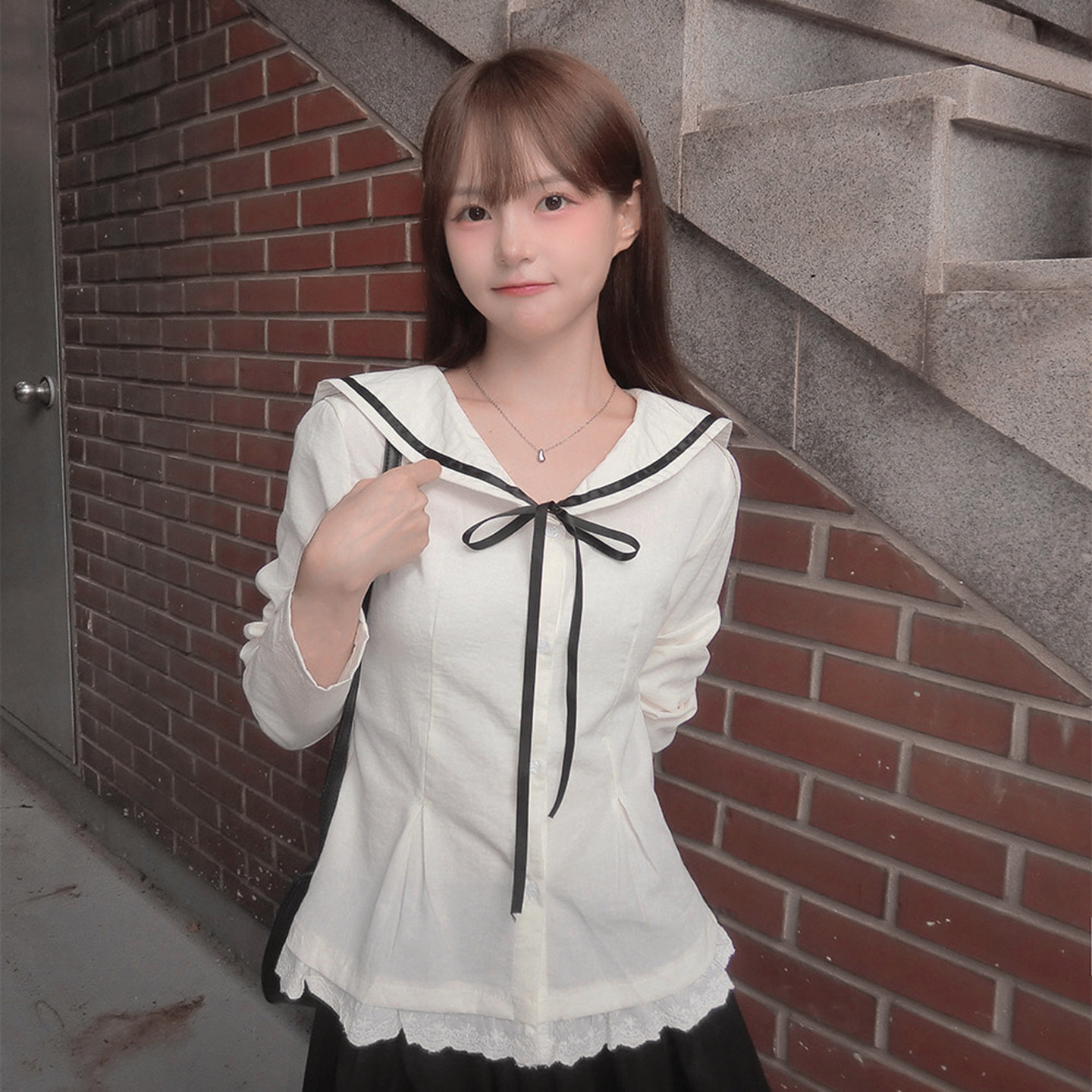 H家欧美女装 韩系学院风蕾丝边系带海军领衬衫少女感修身长袖上衣
