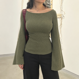 H家欧美女装 简约ins风圆领喇叭长袖螺纹上衣女复古休闲纯色短T恤