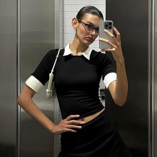 H家欧美女装 ins海妖风通勤气质上衣 高知分子黑白撞色假两件衬衫