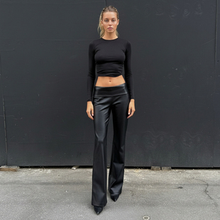 低腰直筒裤 时髦修身 街头ins风翻边腰头黑色皮革长裤 H家欧美女装