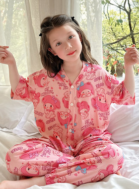女童绵绸睡衣夏季薄款短袖家居服