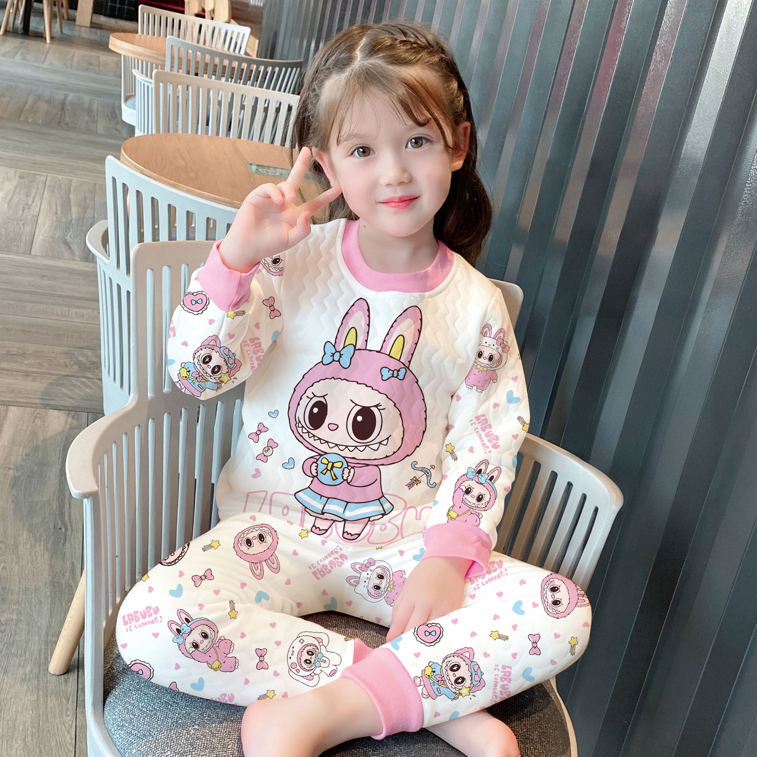 儿童三层夹棉保暖衣套装加厚男女童a类纯棉拉布布睡衣宝宝家居服