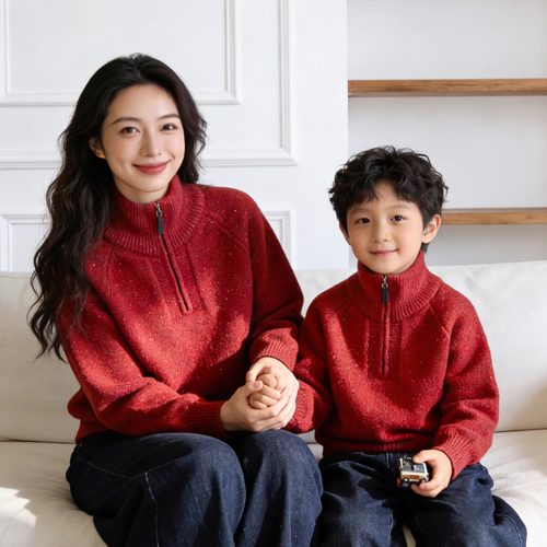 2026冬季新年红色翻领针织亲子装