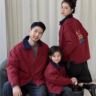 高端亲子装新年战袍重工后背刺绣棉衣一家四口马年红色喜庆亲子装