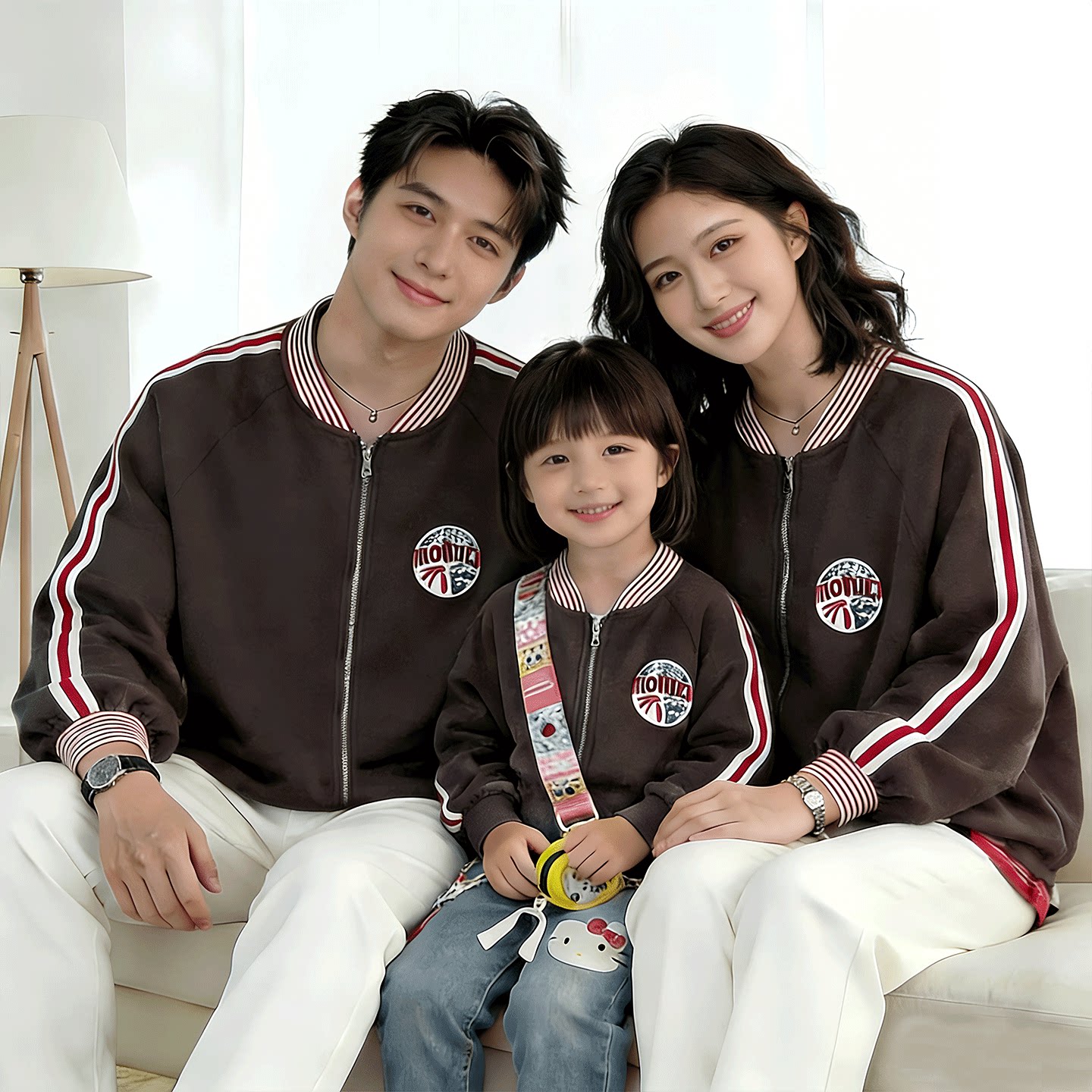 亲子装韩版新款棕色系棒球服2026新款美式运动服一家三口春秋外套