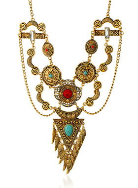 欧美时尚复古民族风夸张合金电镀项链波西米亚镶松石翅膀流苏