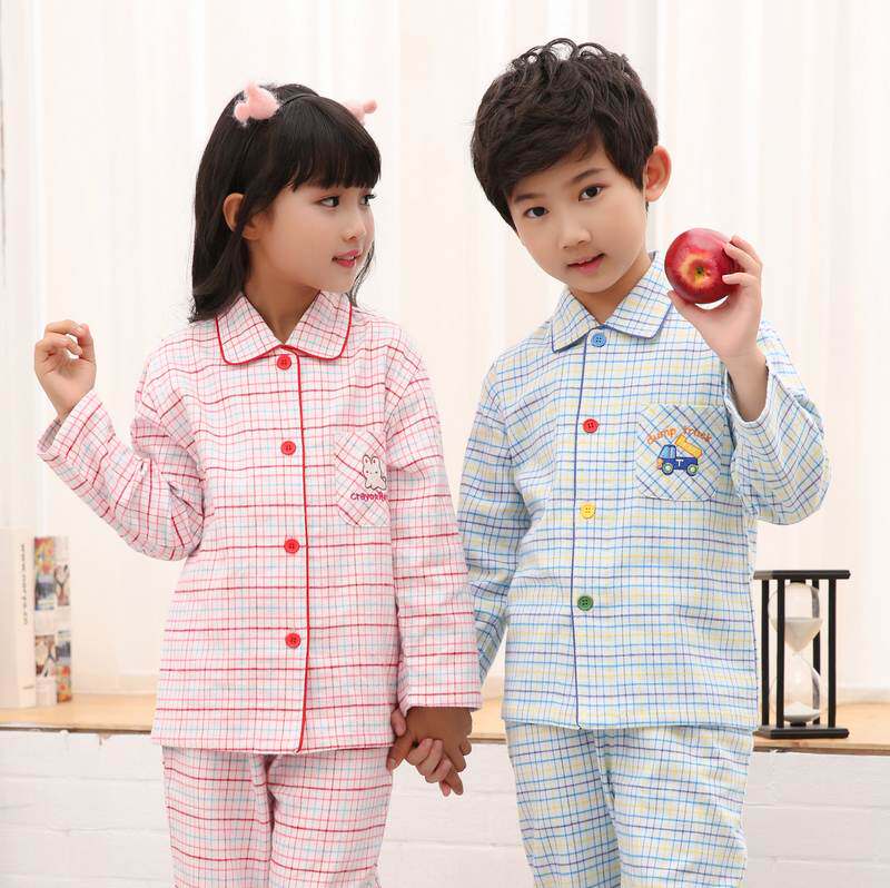 春秋冬儿童睡衣套装可爱男童女童格子磨毛绒布纯棉家居服F-587