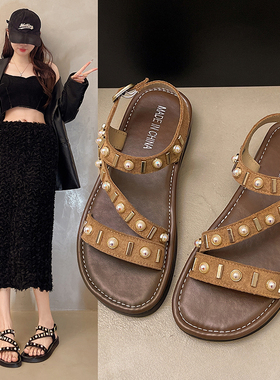 韩版珍珠装饰一字扣凉鞋女2026夏季新款百搭厚底防滑露趾罗马凉鞋