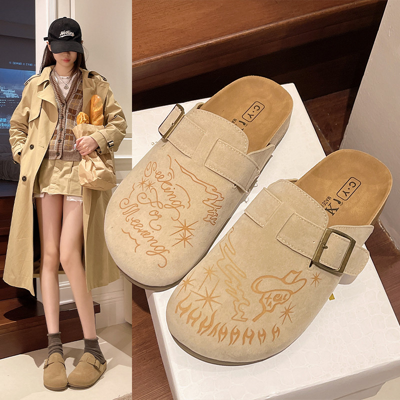 厚底包头勃肯半拖鞋女2026春季新款外穿一脚蹬插画设计感凉拖鞋子