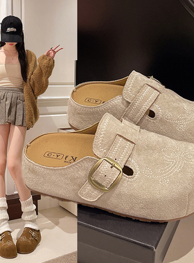 刺绣百搭设计感勃肯鞋女2026春季新款民族风厚底内增高韩版包头拖