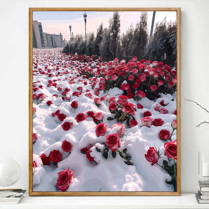 雪地玫瑰数字油画diy填充画画填色2024新款丙烯油彩画手工高级感