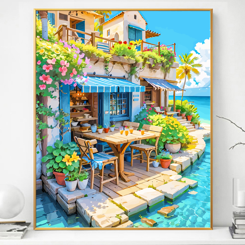 夏威夷小屋画画diy数字油画填充填色2024新款手绘油彩画手工涂色