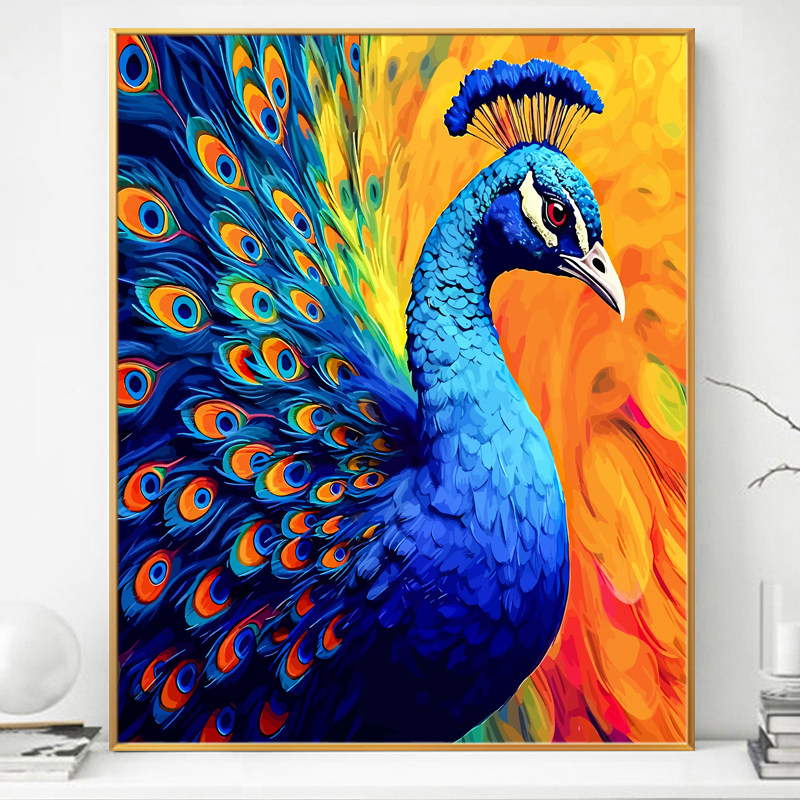 孔雀开屏画画diy数字油画填充填色手工手绘治愈解闷涂色油彩画ins