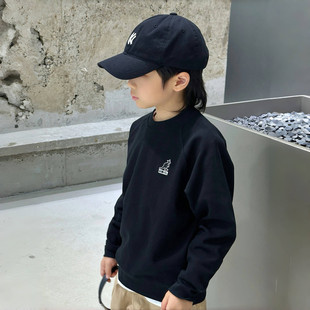 黑色帅气男童卫衣26春款圆领休闲运动男童舒适纯棉长袖上衣小学生