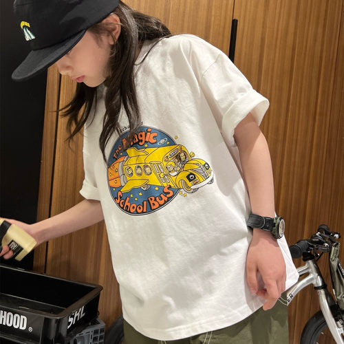 校园巴士印花夏款男女儿童T恤薄