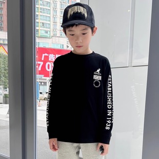 袋鼠家米字旗印花上衣25春款男生中大童圆领纯棉长袖T恤嘻哈洋气