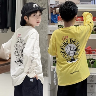 柠檬黄美式街头长袖t童装25ss春夏男女中大童宽松型圆领打底衫棉