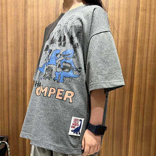 灰色男孩帅气恐龙图案短袖夏季中大童圆领宽松休闲百搭T恤半袖